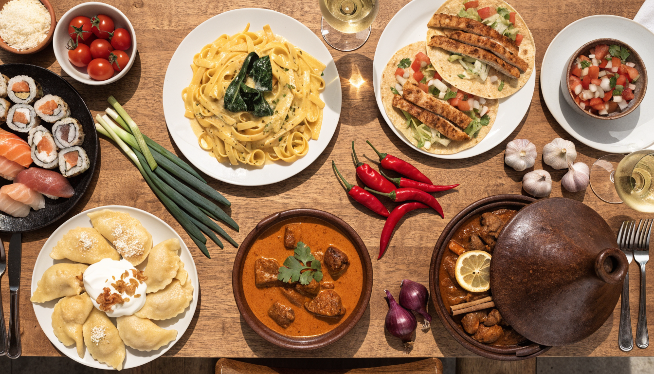 An overhead spread of dishes from different world cuisines including pasta, sushi, tacos, curry, and pierogi