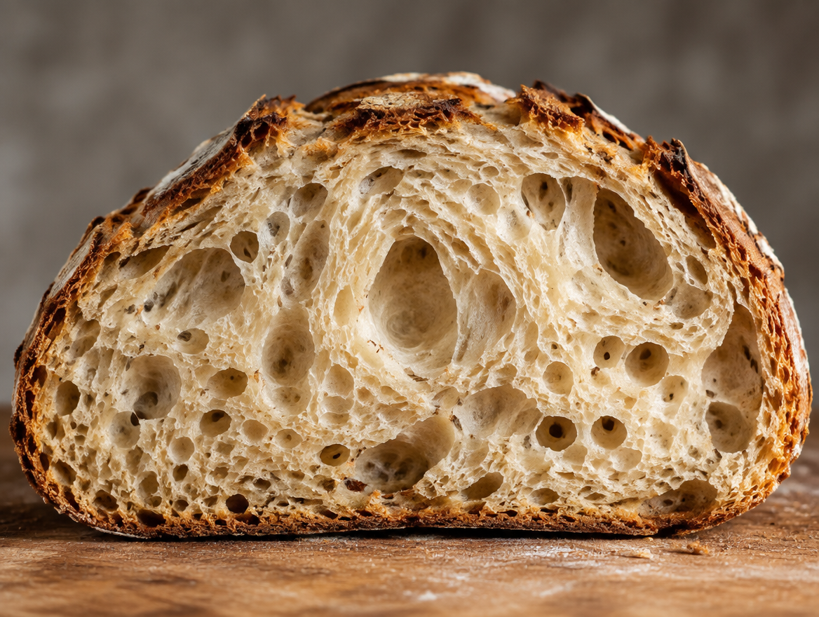 Sliced artisan bread showing open crumb