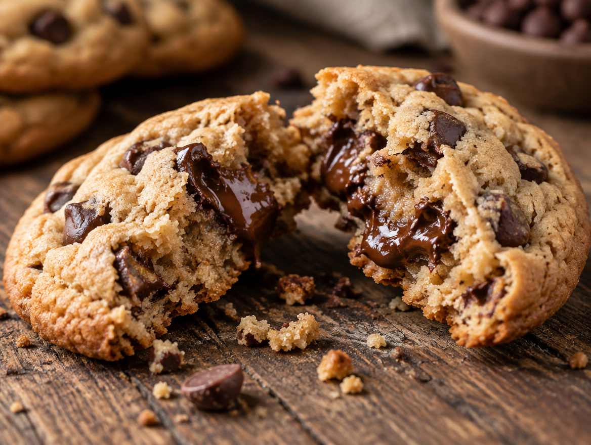 Chocolate chip cookie broken open showing melted chocolate
