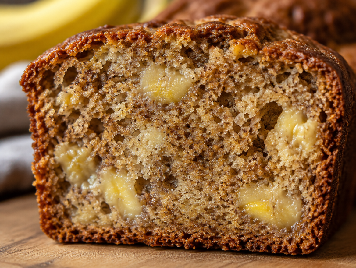 Banana bread slice showing moist crumb