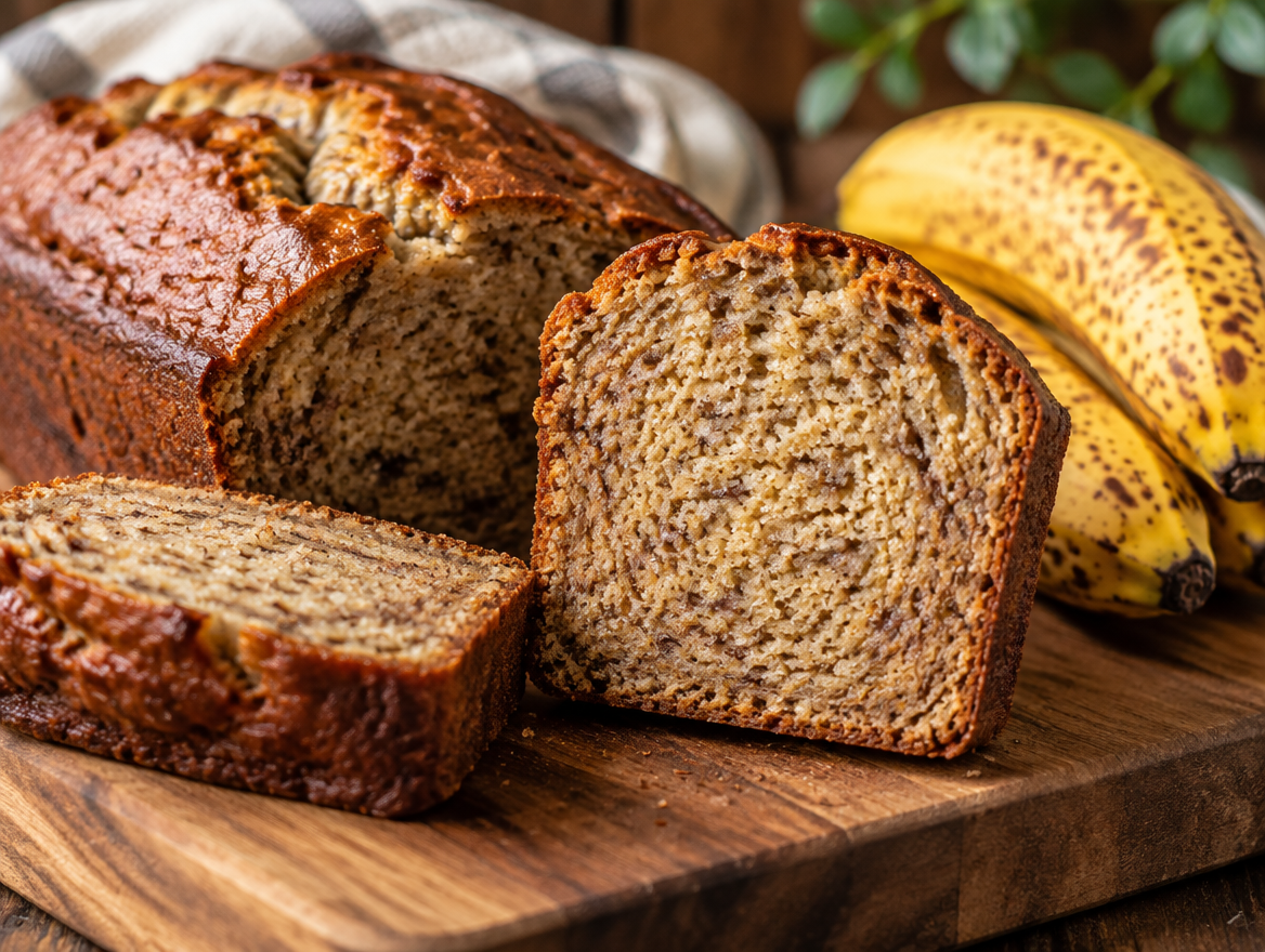 Sliced banana bread loaf on a wood cutting board