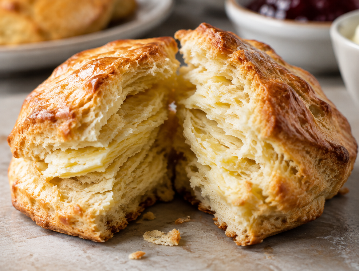 Scone broken open showing flaky layers
