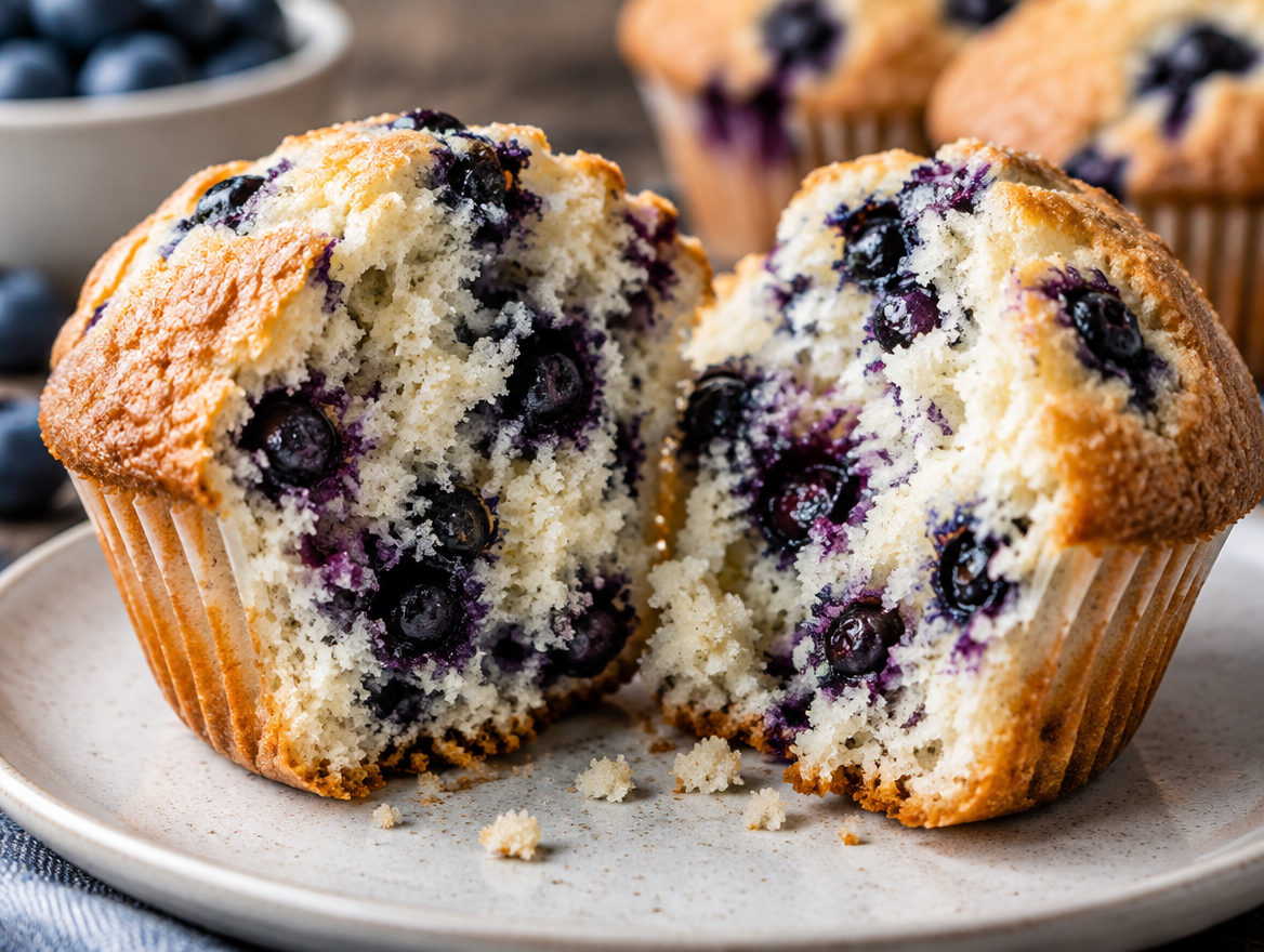 Blueberry muffin torn open showing moist crumb