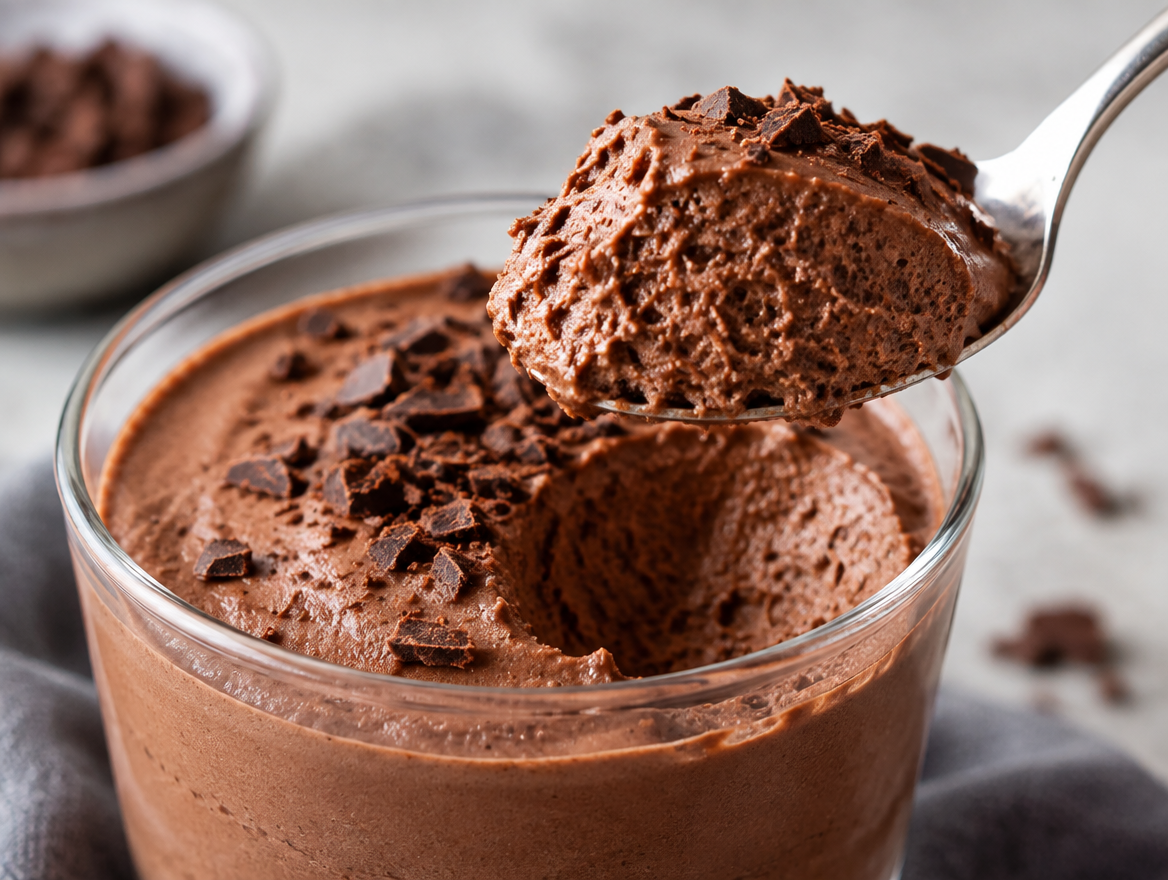Spoon lifting a bite of chocolate mousse