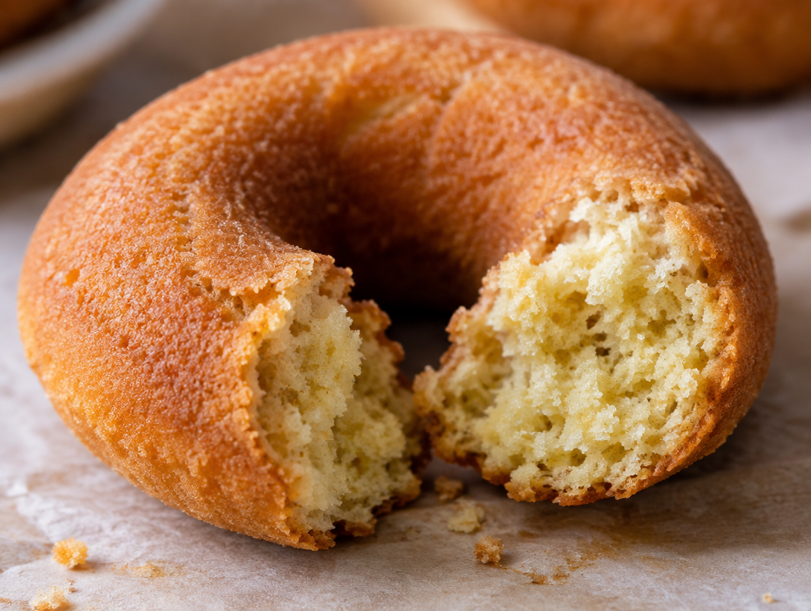 Baked donut broken open showing tender crumb