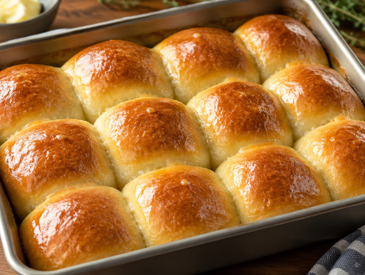 Pan of golden soft dinner rolls