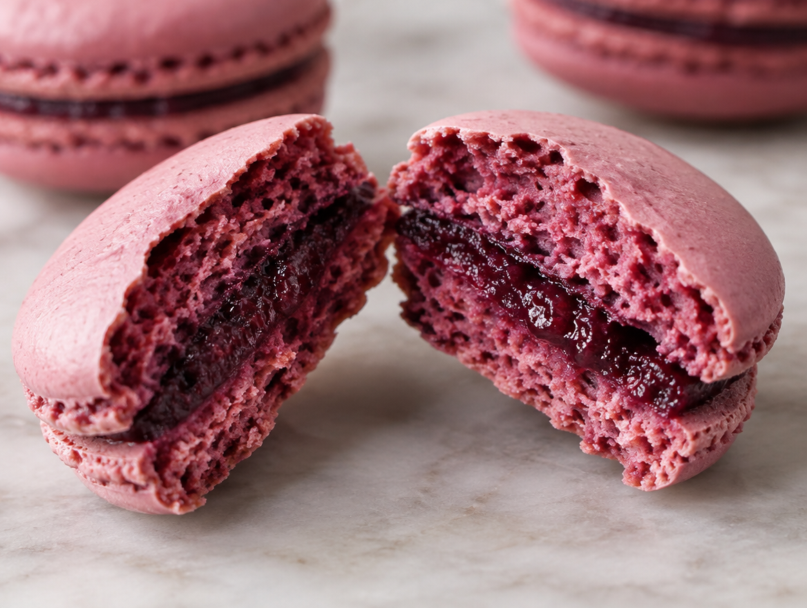 Macaron split open showing filling