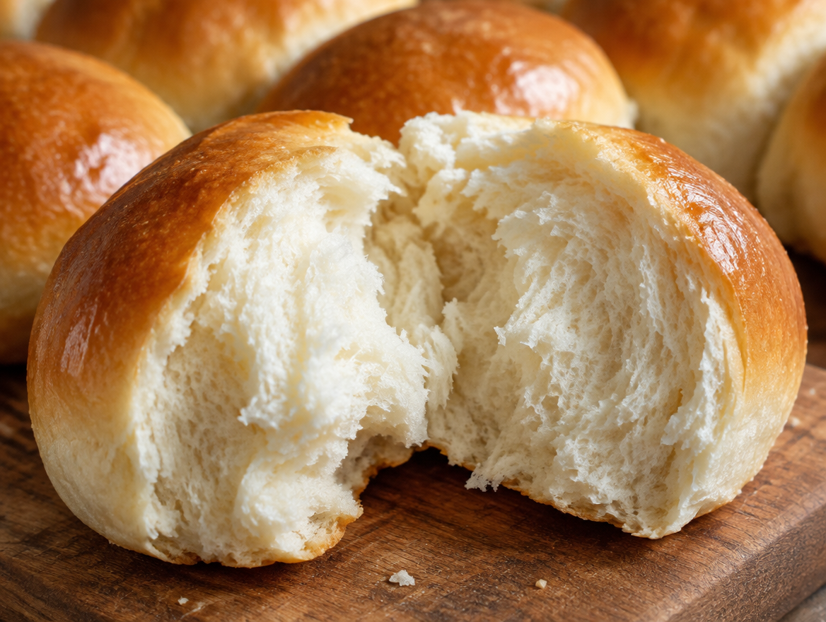 Dinner roll torn open showing soft interior