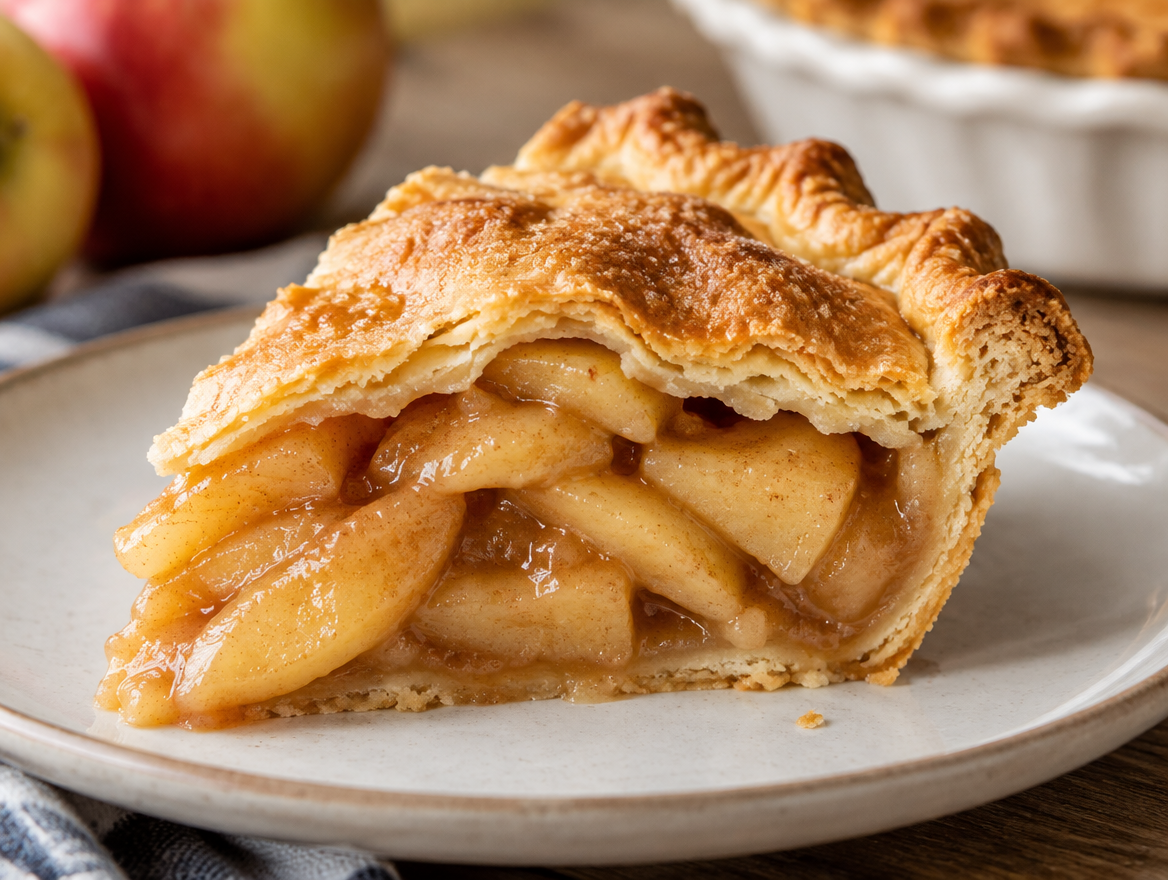 Slice of apple pie showing tender filling