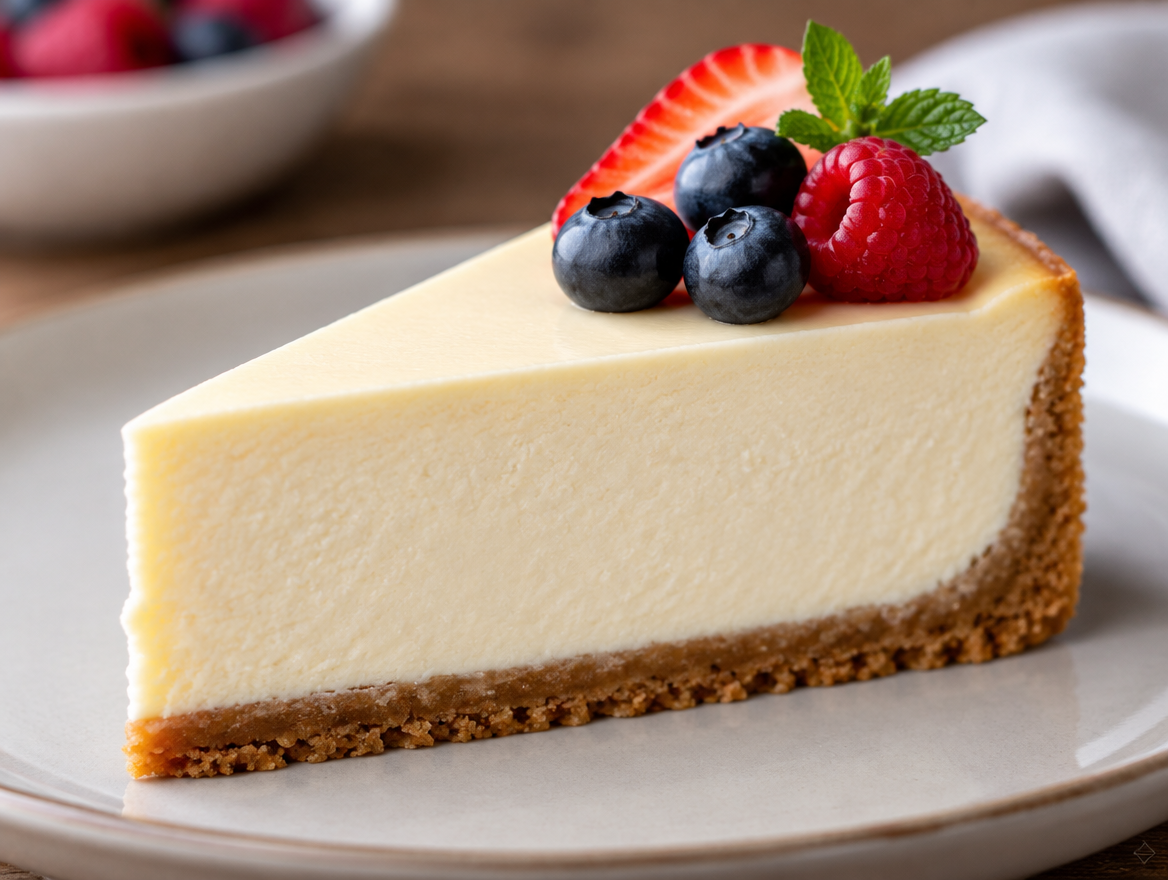 Cheesecake slice showing smooth crack-free surface