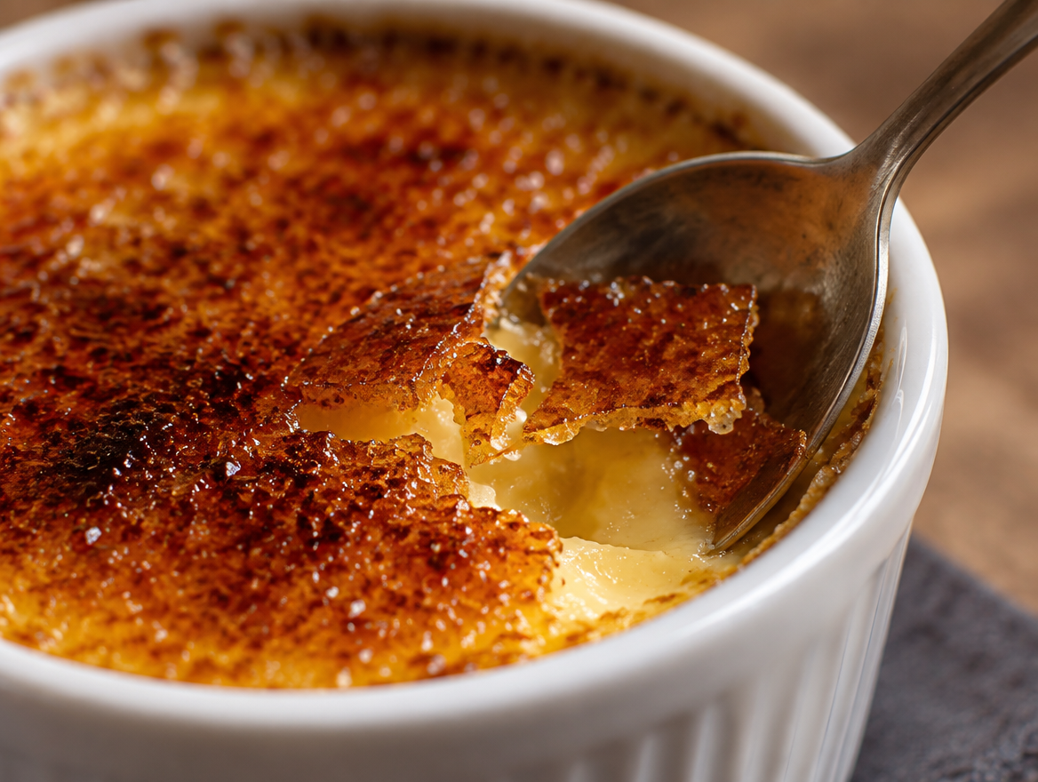 Spoon cracking through creme brulee's sugar top