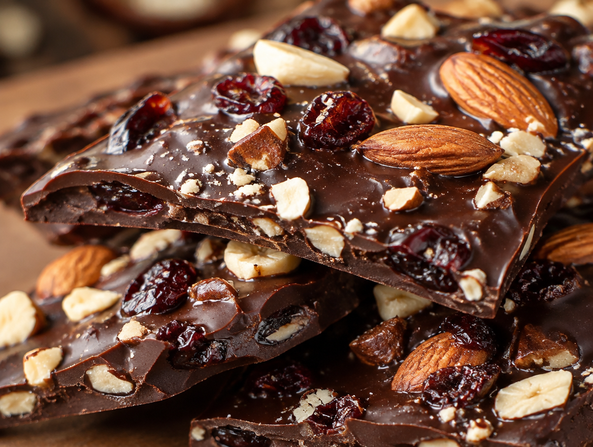 Close-up of glossy tempered chocolate bark