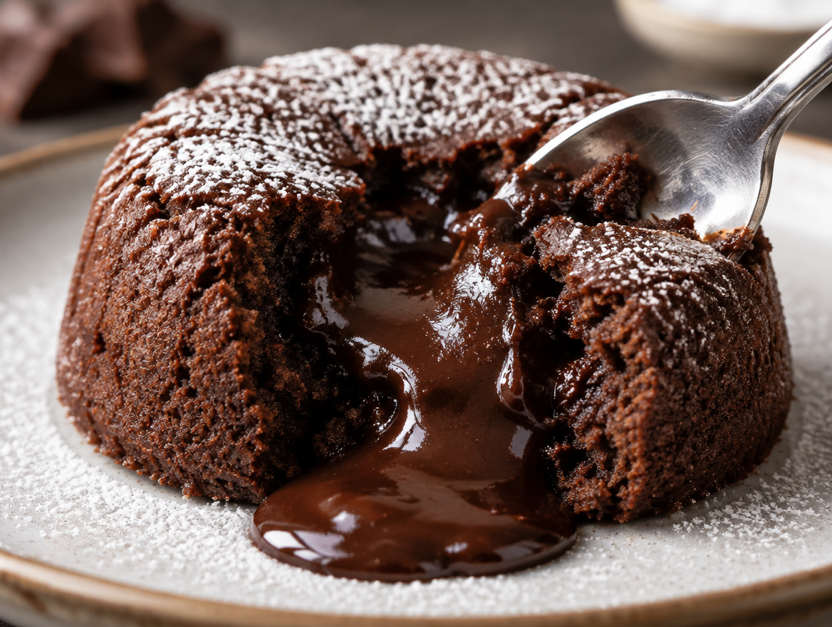 Spoon breaking into a chocolate lava cake