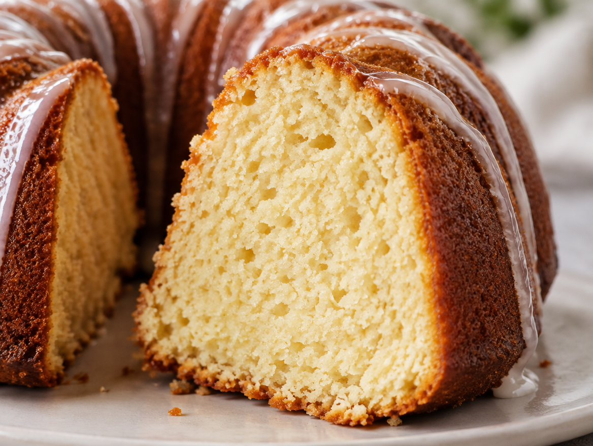 Slice of bundt cake showing moist crumb