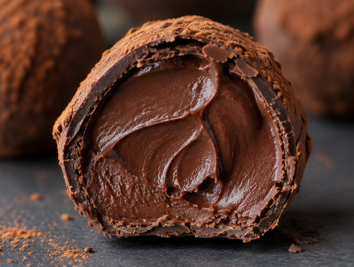 Chocolate truffle cross section showing ganache center