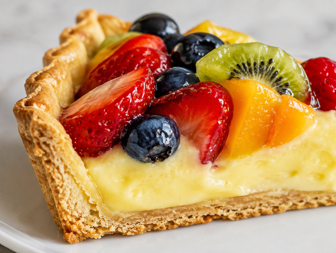 Slice of fruit tart showing pastry cream layer
