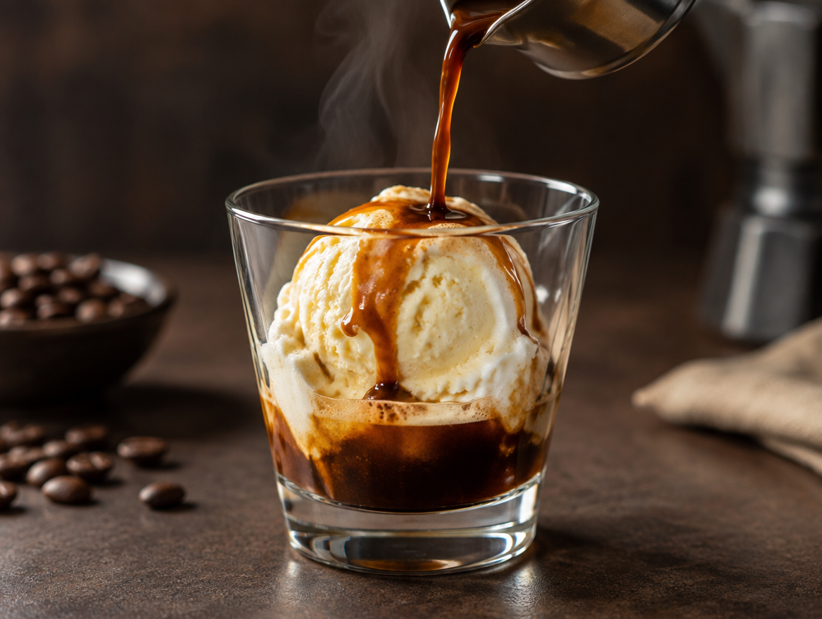 Espresso poured over vanilla ice cream