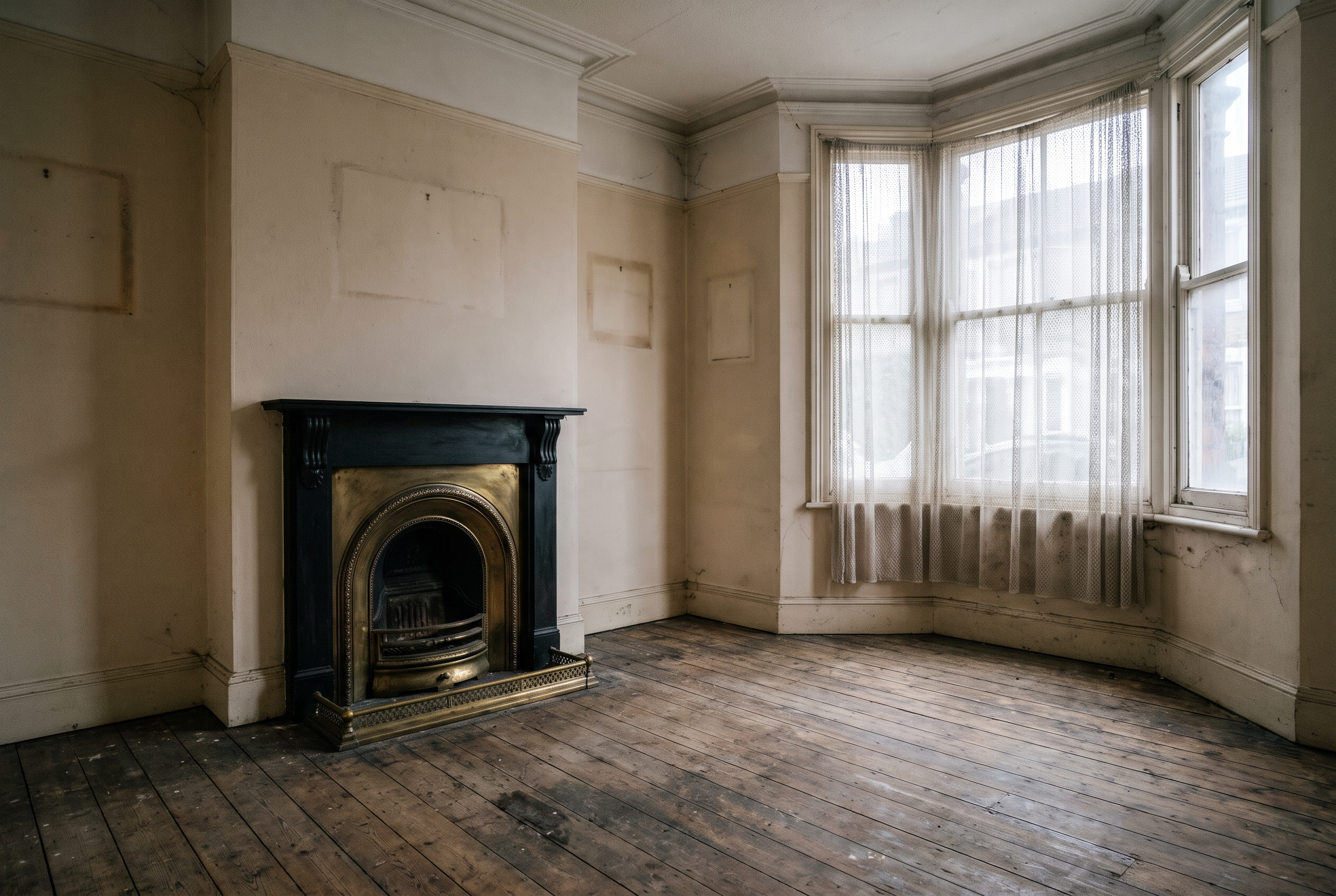 Empty front room with bare floorboards in a vacant Victorian terrace