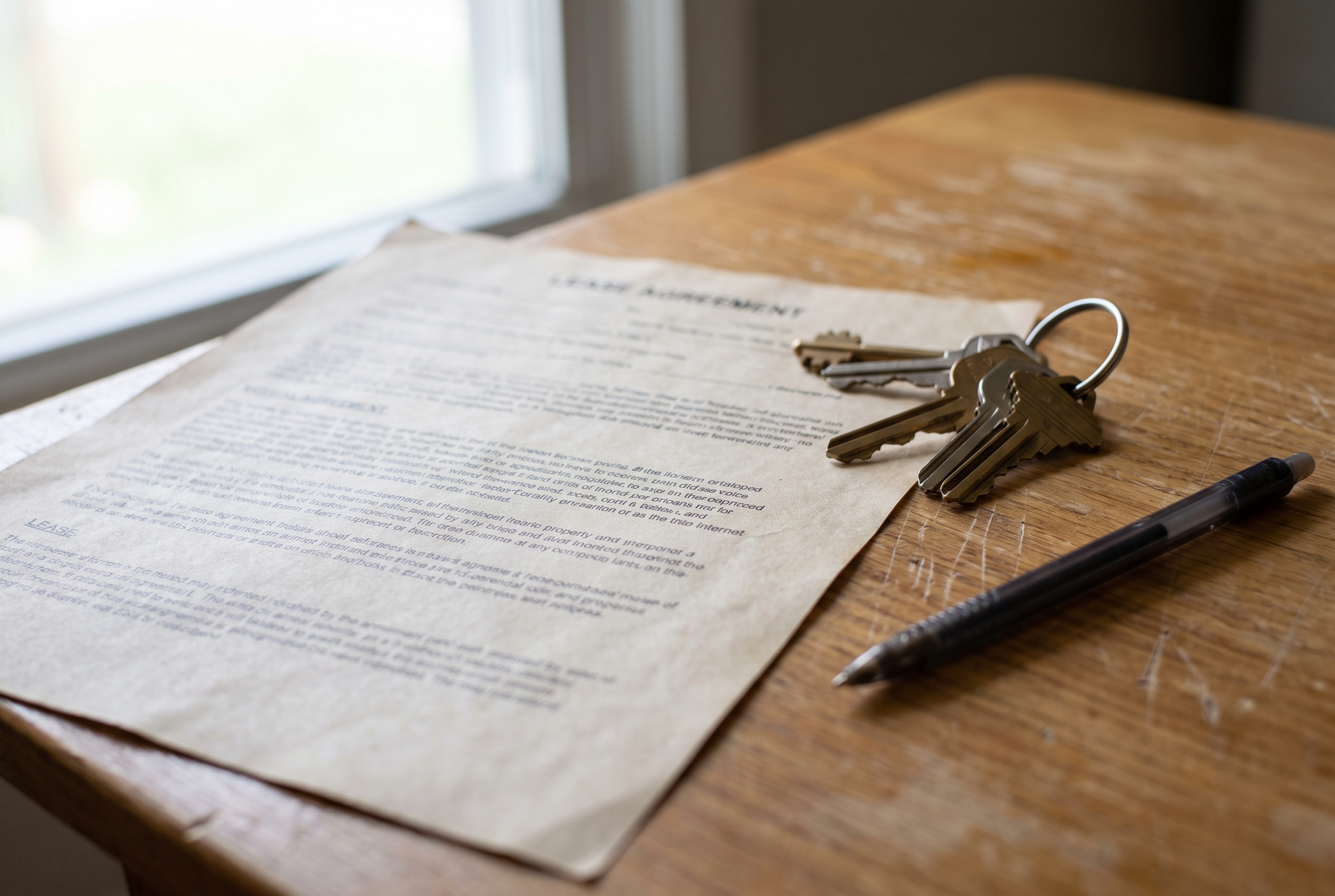 Lease agreement and house keys on a kitchen table