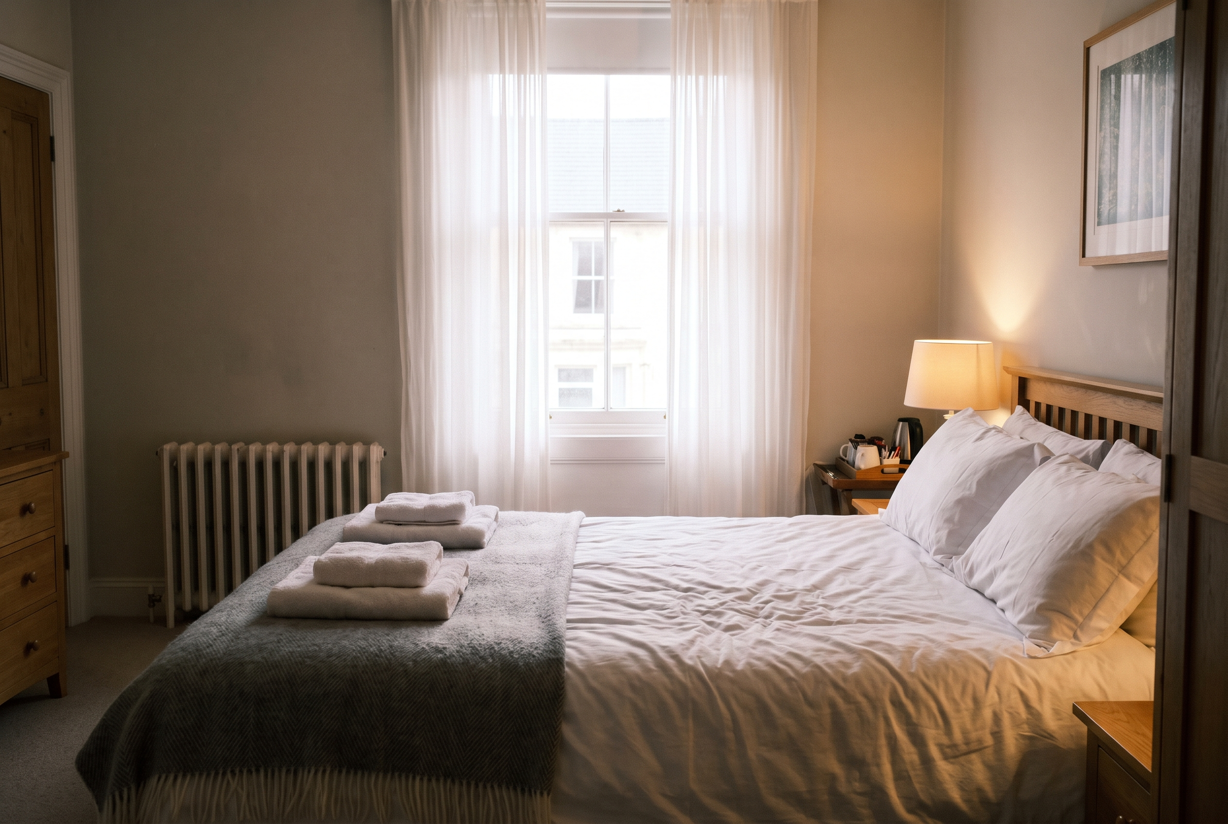Made-up double bedroom in a serviced apartment