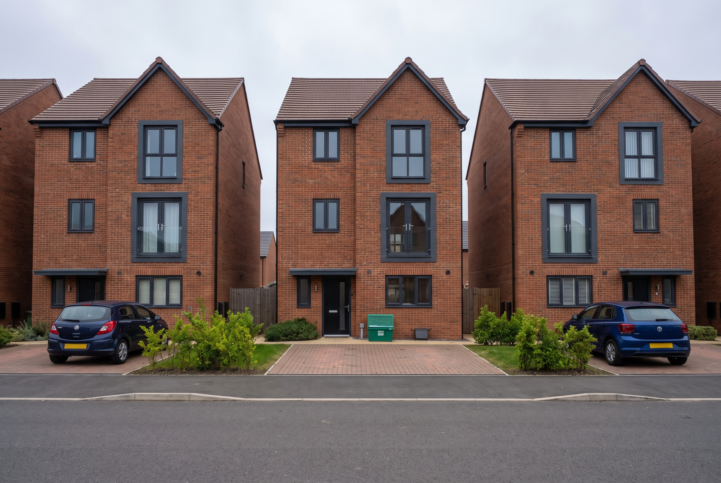 Row of new-build brick townhouses in the East Midlands