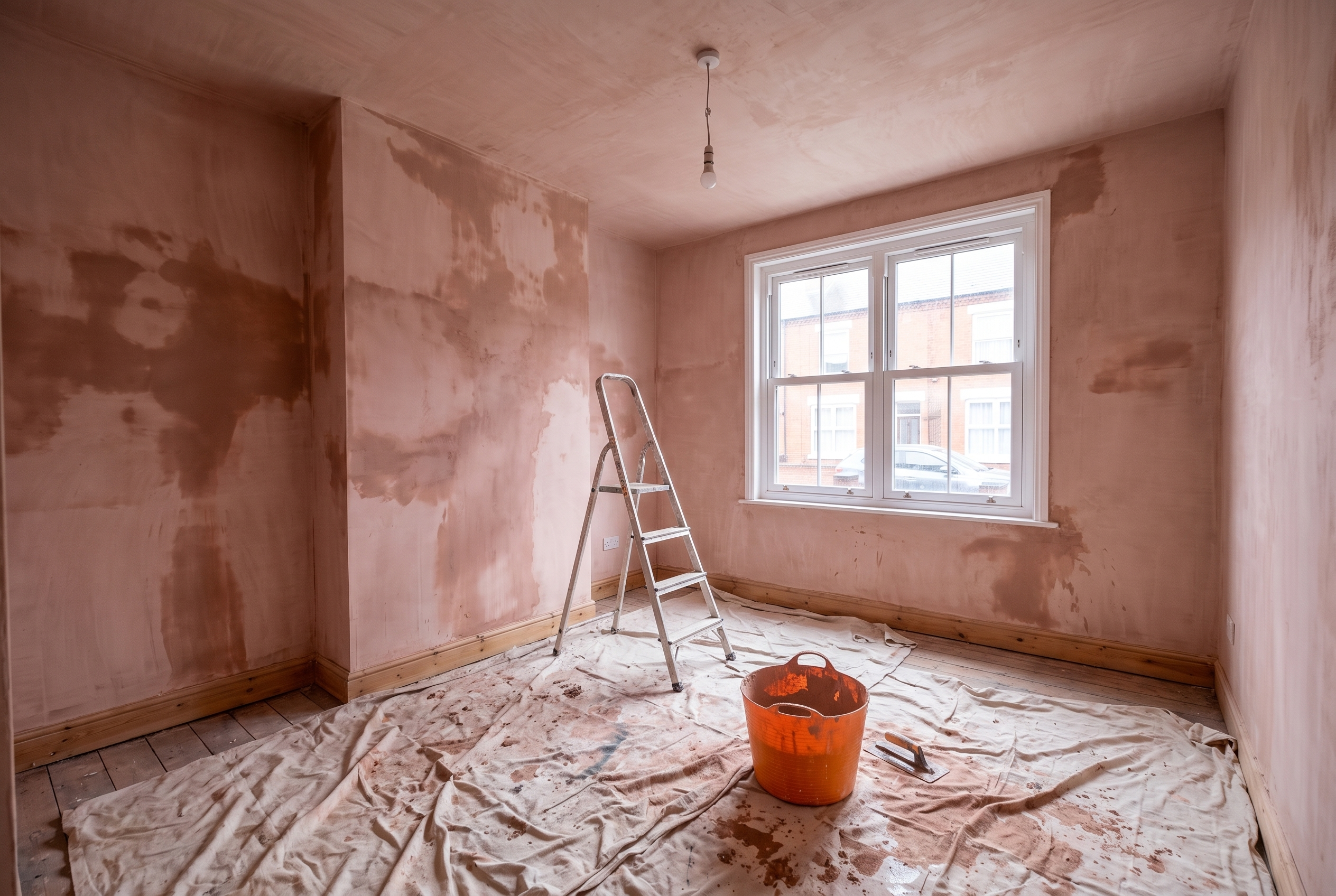 Front room of the terrace mid-refurbishment with fresh plaster and dust sheets