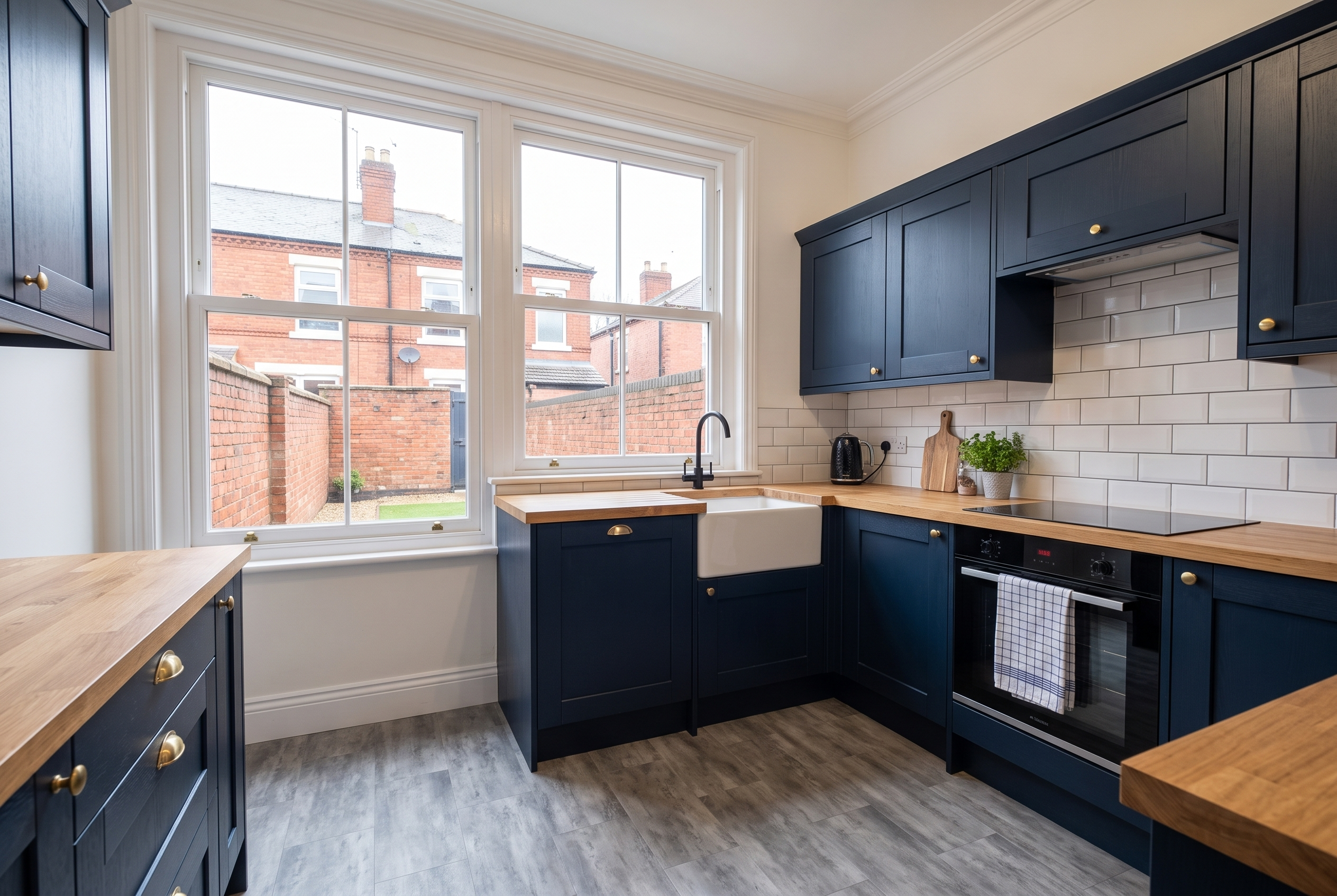 Refurbished rear kitchen with navy shaker units and metro tiles