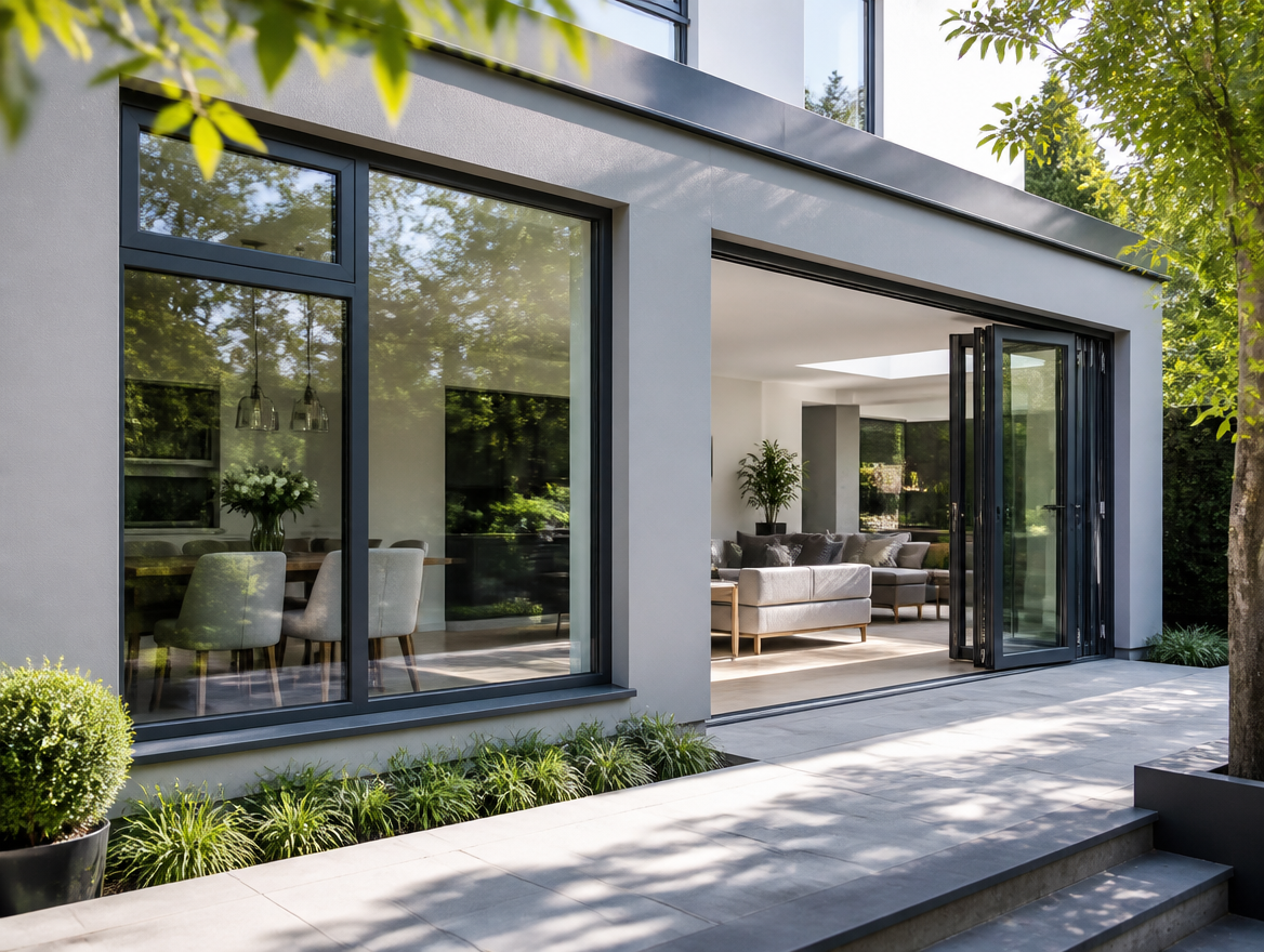 Slim-sightline aluminium windows and bifold door on a contemporary UK extension
