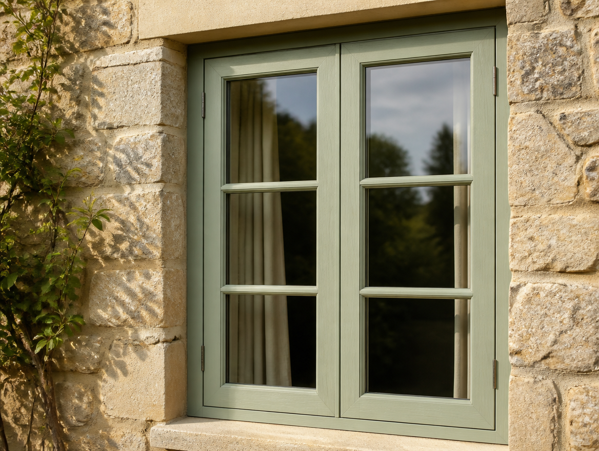 Traditional timber flush casement window painted sage green in a period stone cottage