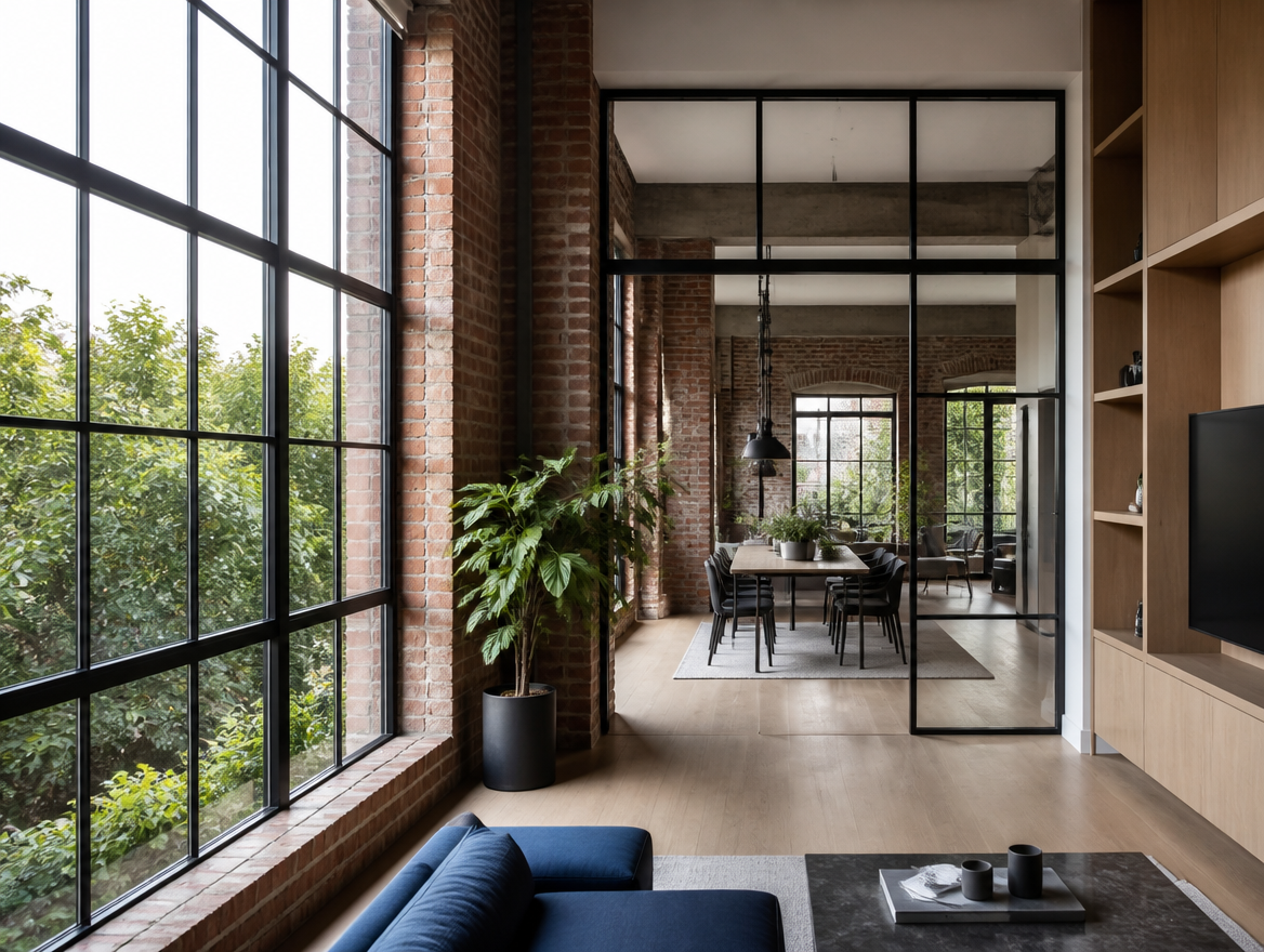 Black Crittall-style steel framed windows in an industrial warehouse conversion loft