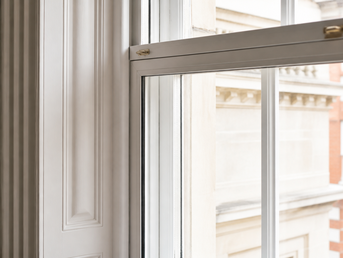 Slim white secondary glazing fitted inside a period timber sash window reveal