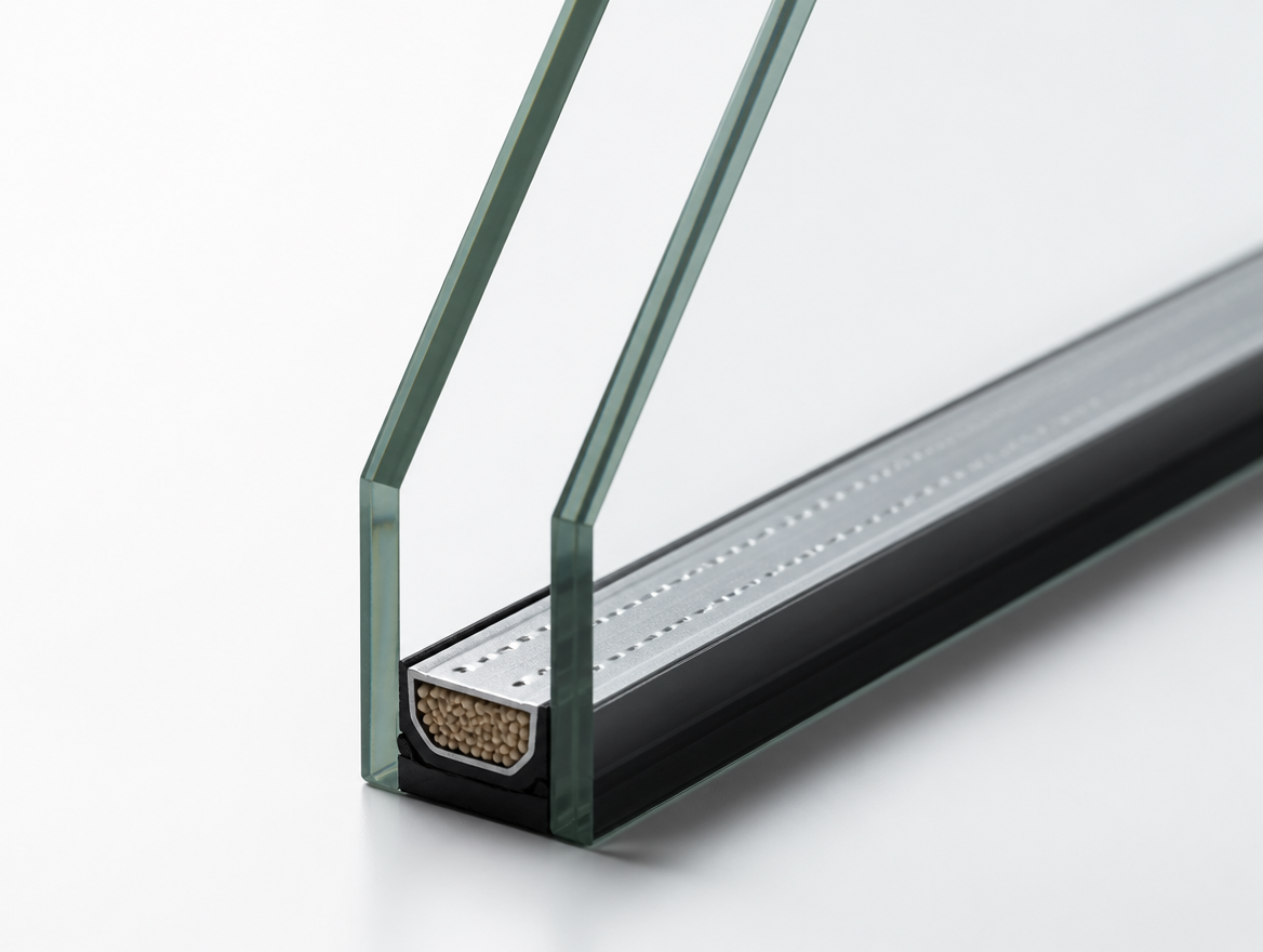 Close-up of a double glazing glass unit edge, showing the spacer bar