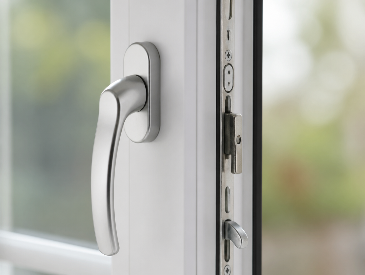 Satin chrome window handle and espagnolette lock on a white uPVC frame