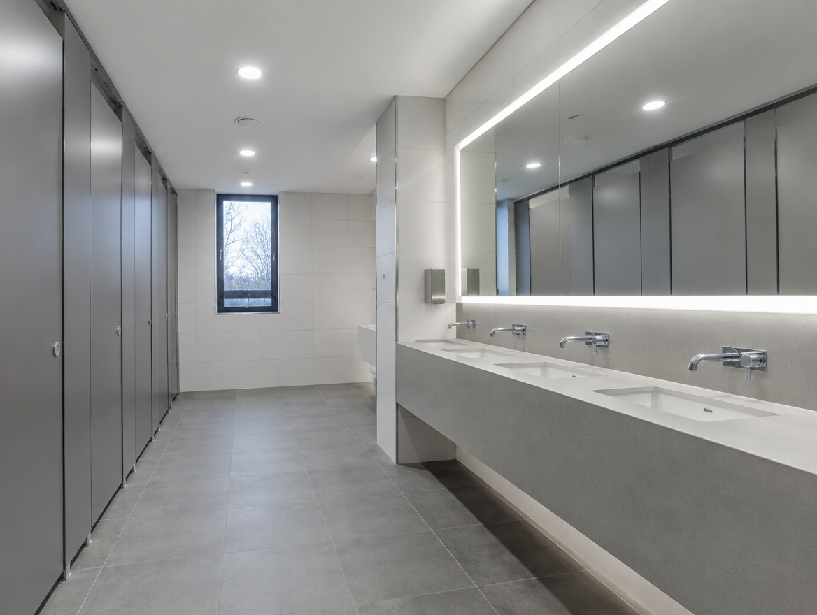 Refurbished office washroom with full-height cubicles and solid-surface vanity