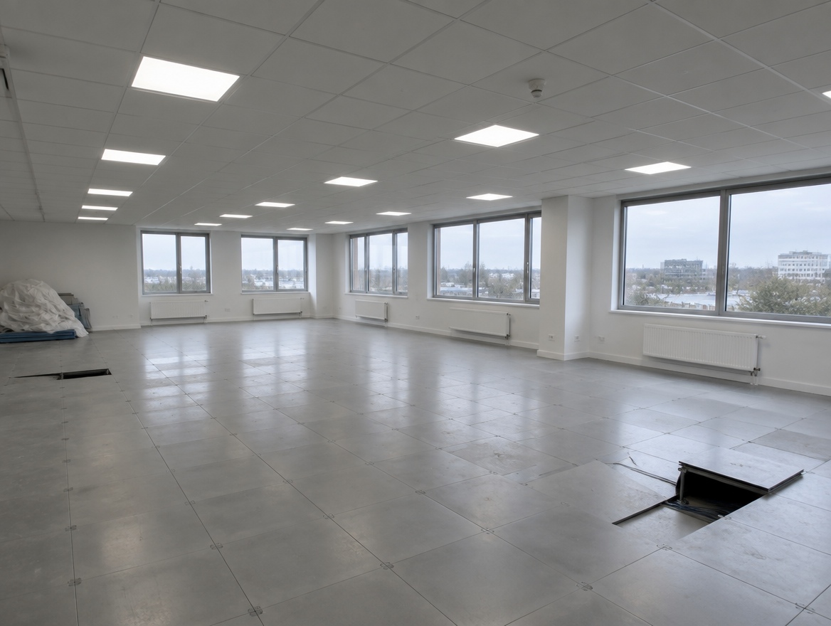 Category A office shell with suspended ceiling grid, LED panels and raised floor