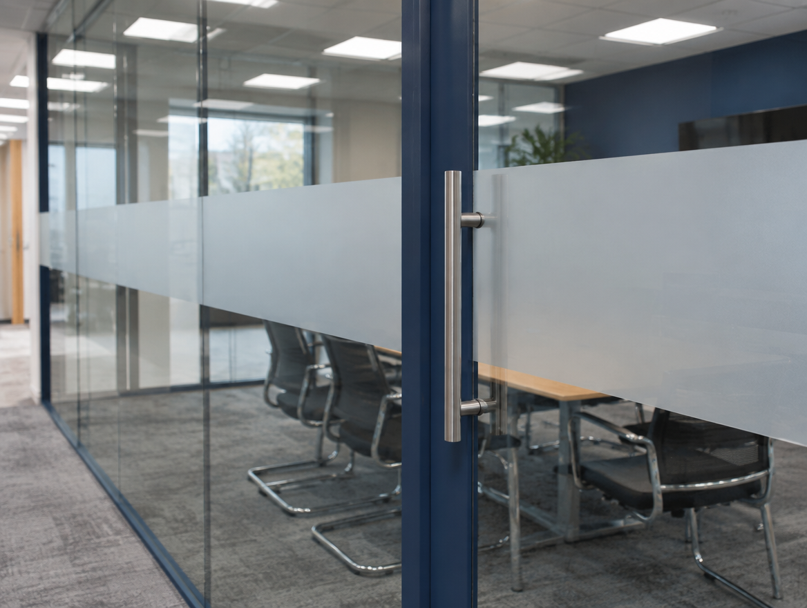 Frameless glass office partition with navy door frame and manifestation band