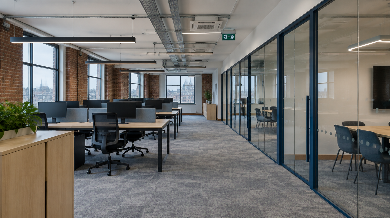 Completed open-plan office fit-out with glass meeting rooms and oak joinery
