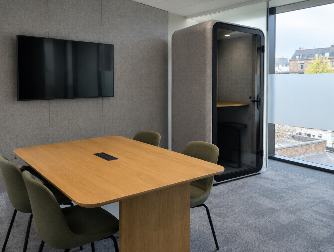 Office meeting room with acoustic wall panels and a freestanding phone pod