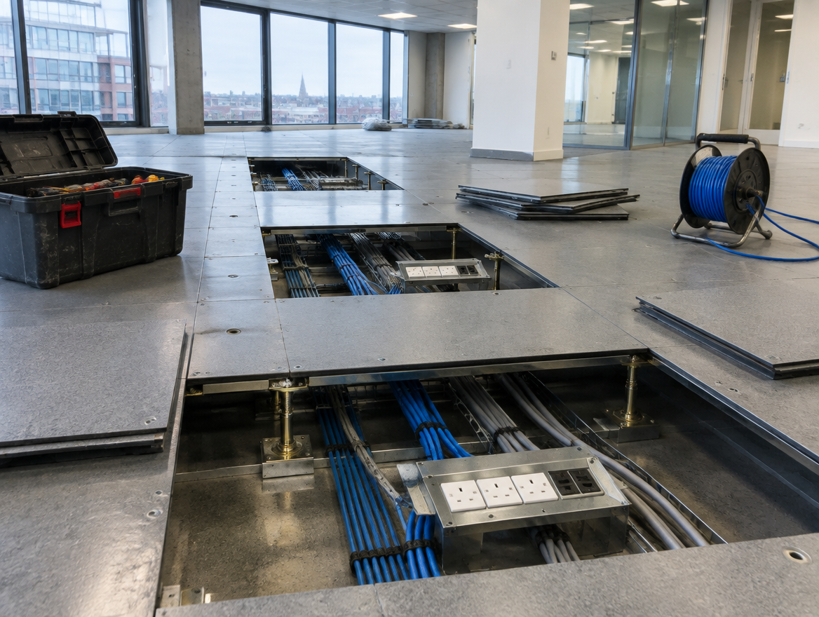 Raised access floor with panels lifted showing data cabling and floor boxes