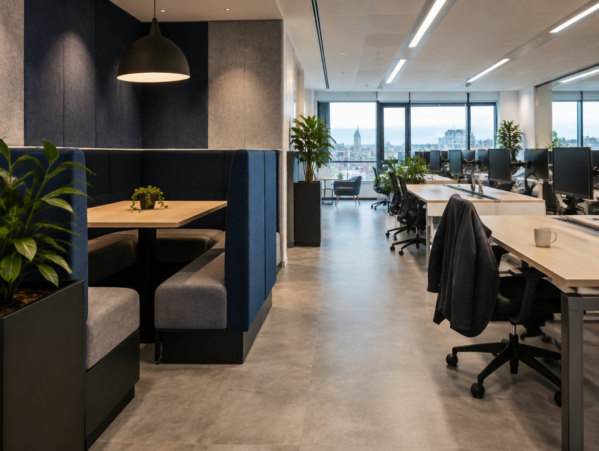 Category B office with booth seating, acoustic panels and bench desks