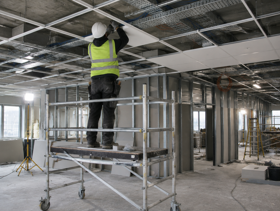 Ceiling fixer installing a suspended ceiling grid from a scaffold tower