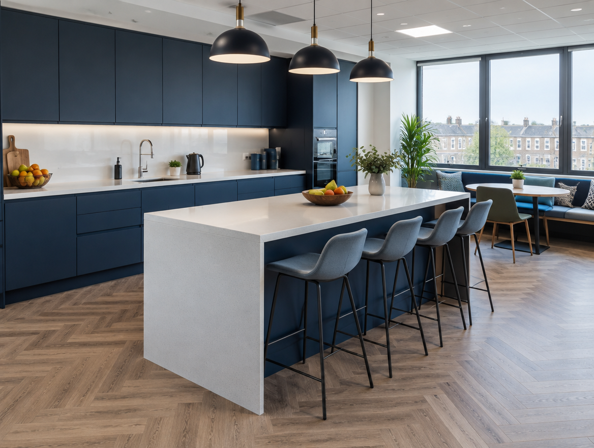 Office kitchen and breakout area with navy units and island seating