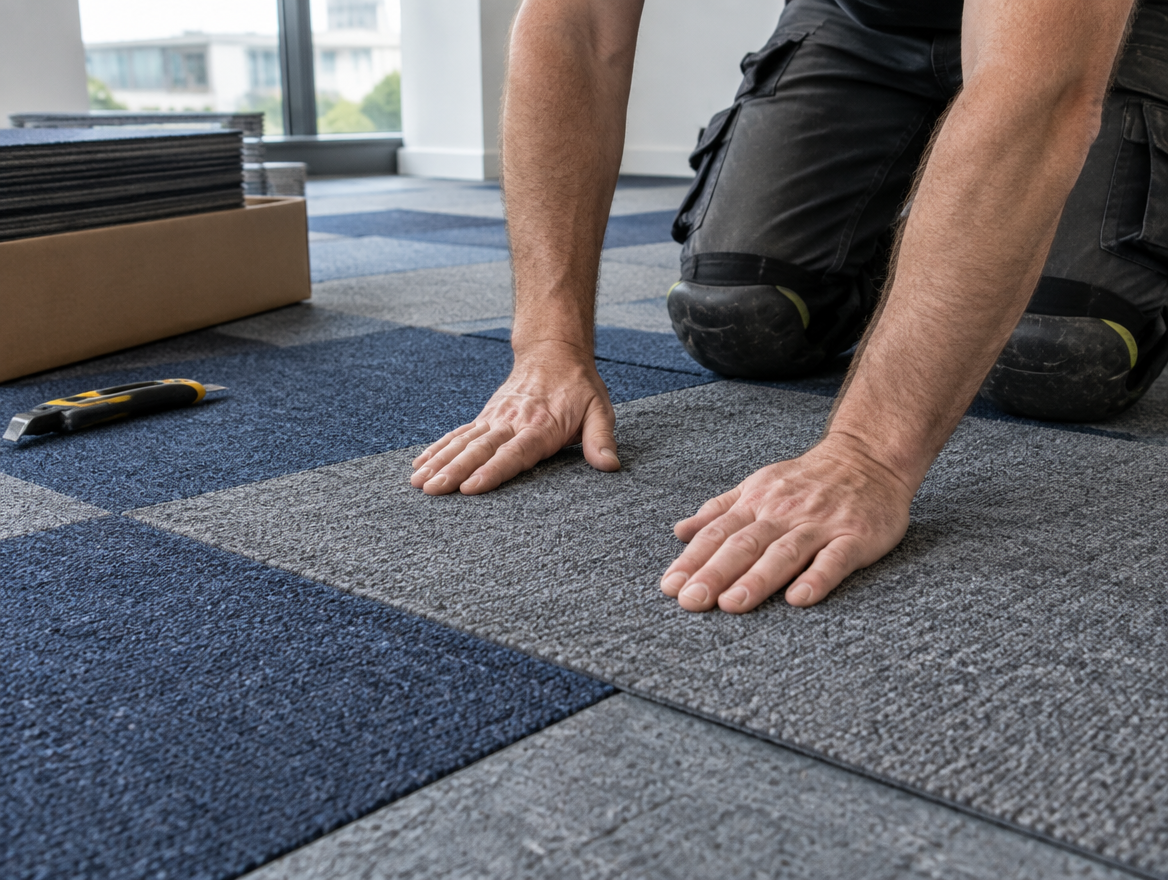 Fitter laying grey and navy carpet tiles in an office fit-out