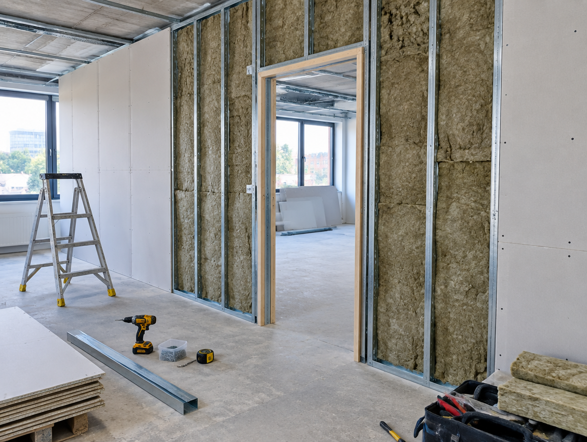 Metal stud partitions with acoustic insulation being built in an office