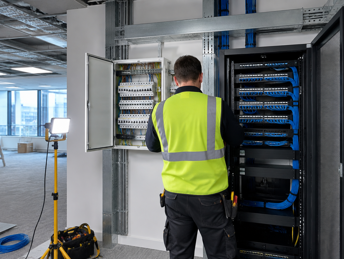 Electrician dressing data cables into a new office comms cabinet