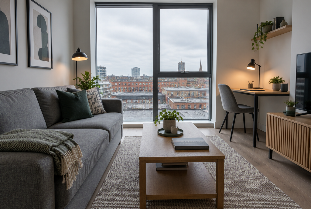 Furnished city-centre apartment living room for a company let