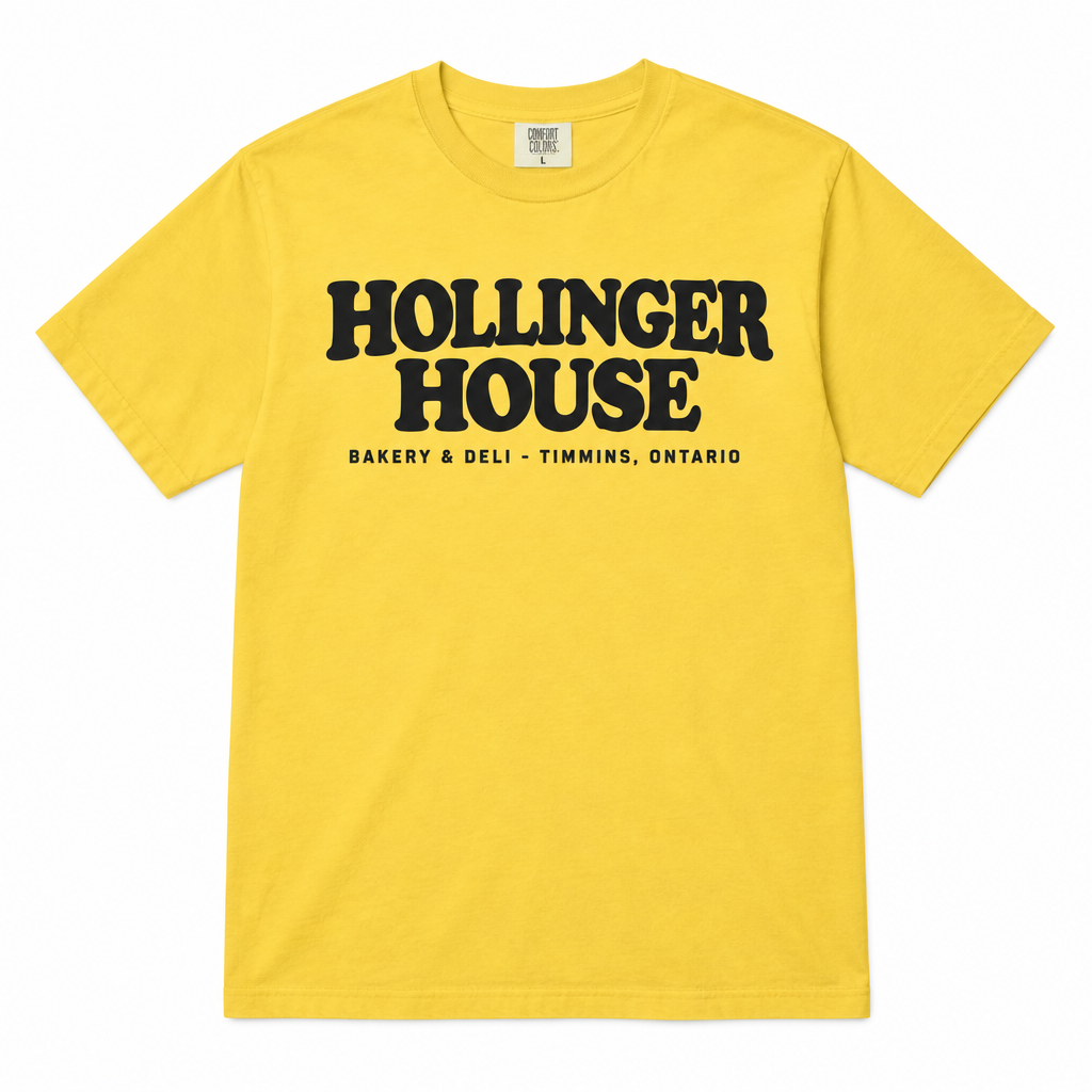 Yellow t-shirt with wordmark logo