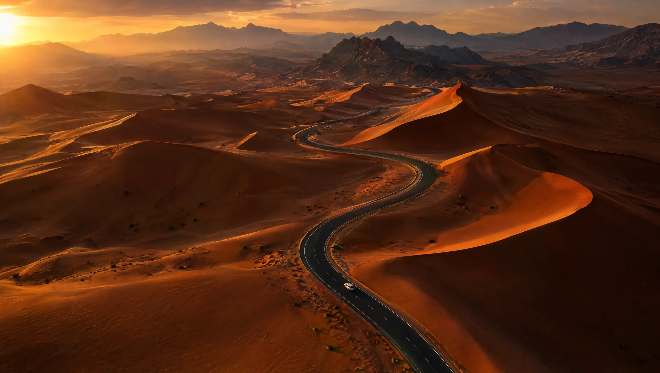 Concept aerial image of a road through desert dunes