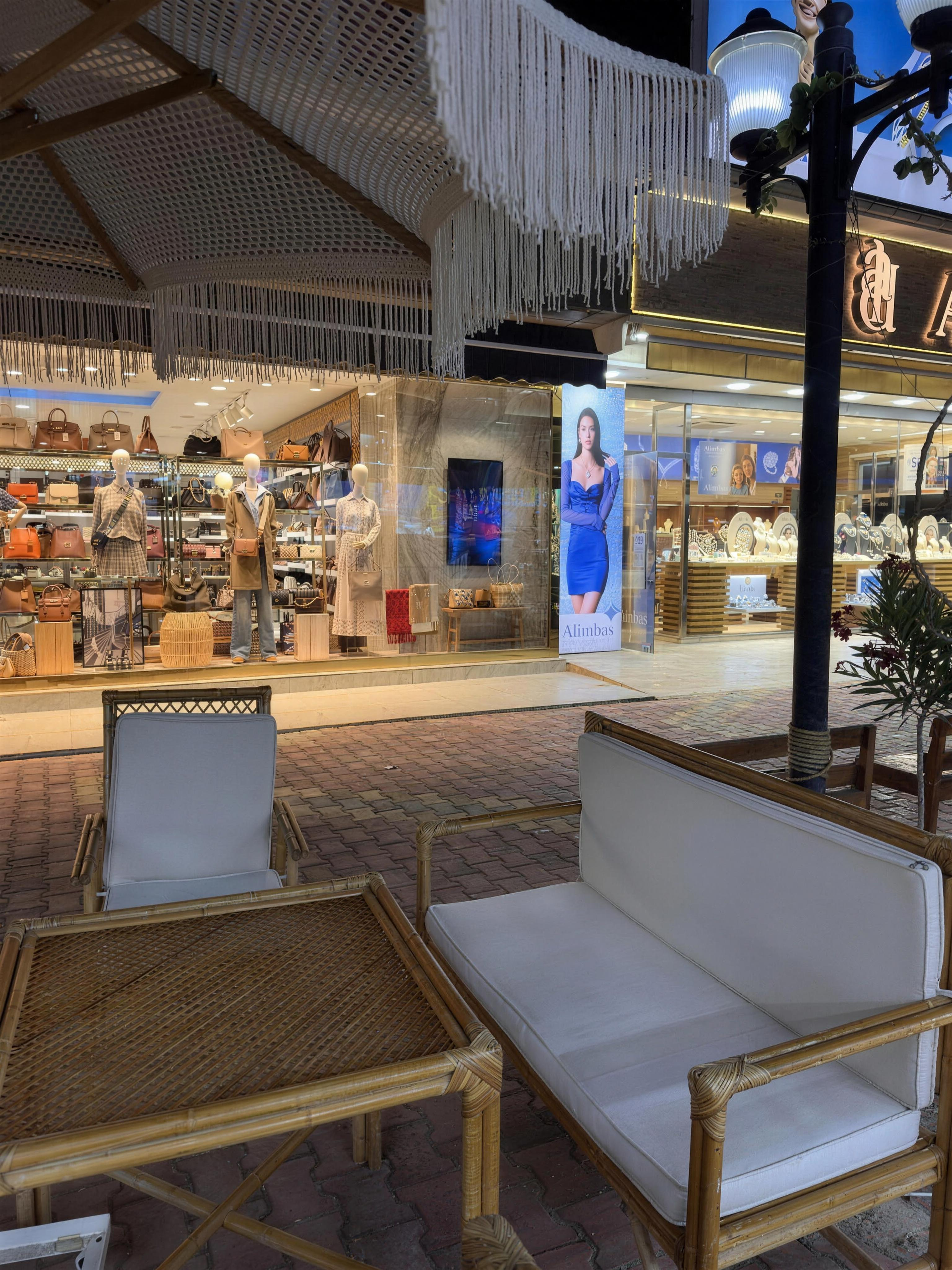 The terrace seating outside the BROTHERSBAG store in the evening