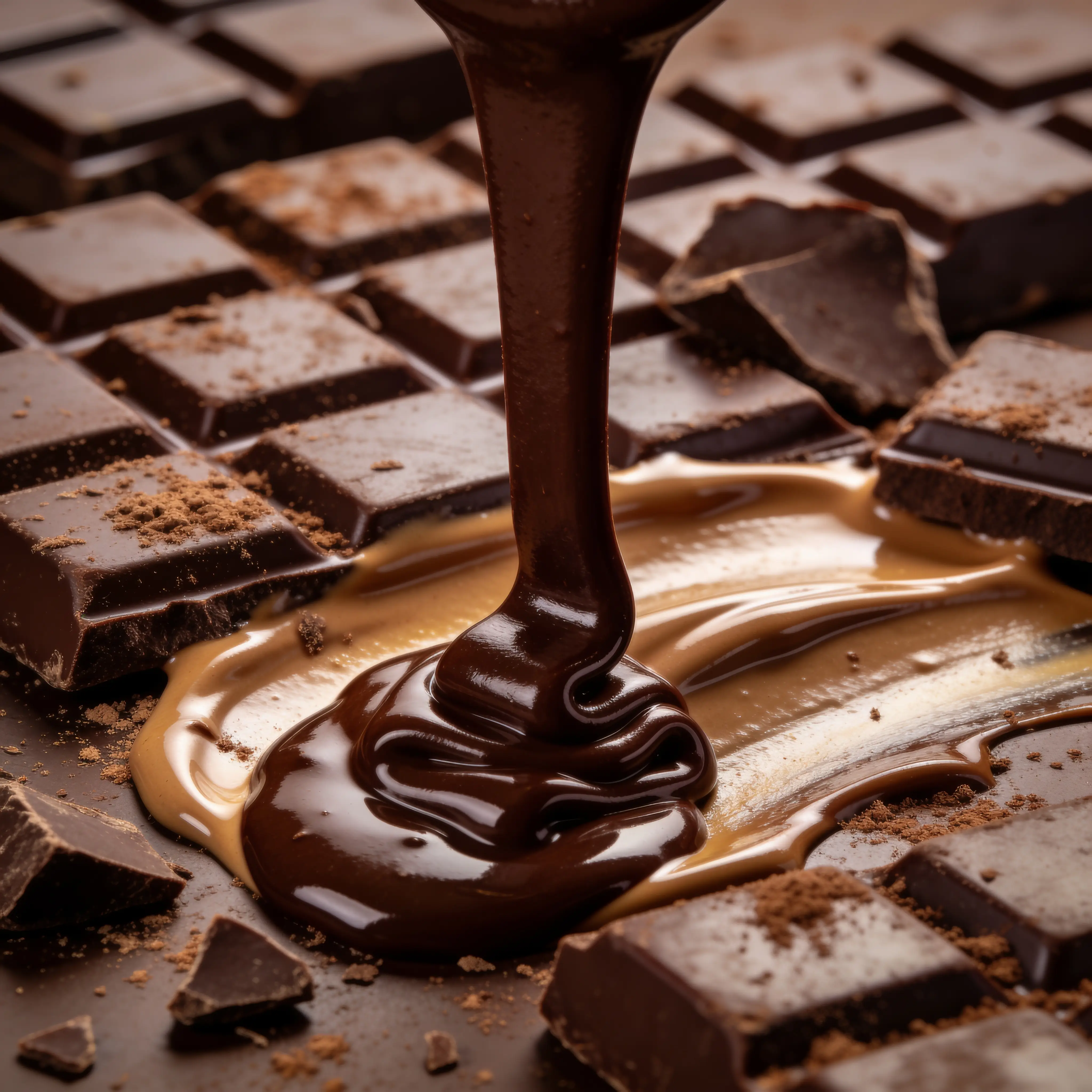 Geschmolzene Schokolade und Schokoladenstücke für Creamy Chocolate
